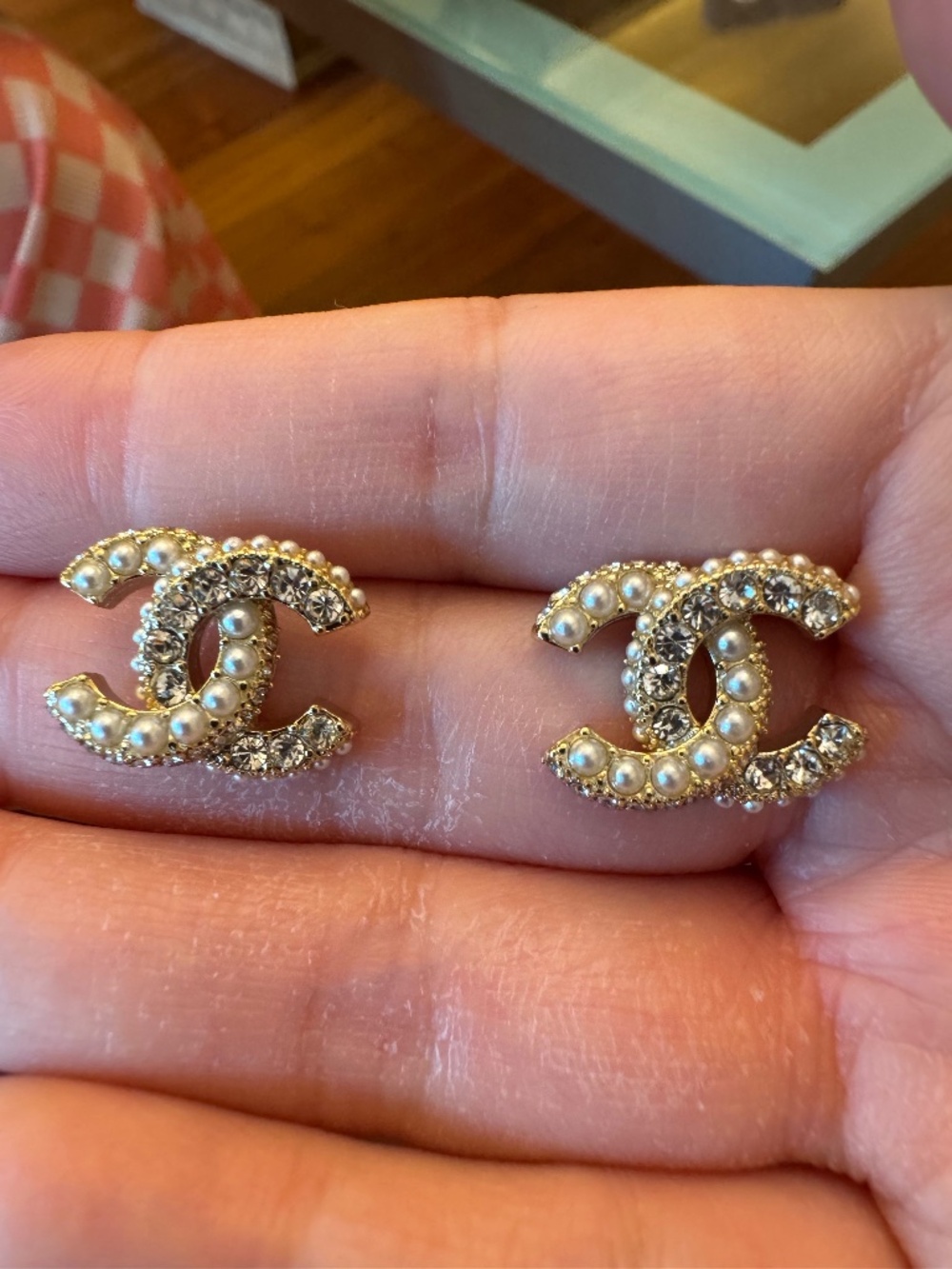 Brand New Chanel Classic CC Logo Pearl, Crystal & Gold Stud Earrings